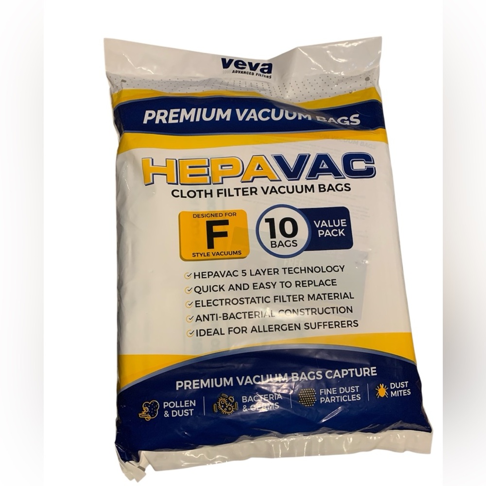 Veva Premium HepaVac Style F HEPA Cloth Filter Vacuum Bags 10‎ Pack